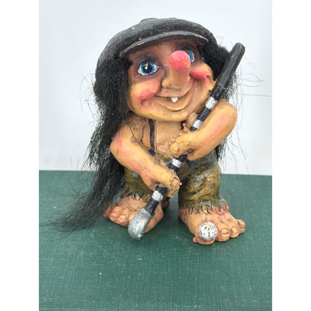 Vintage Scandinavian Golfing Troll Figurine Hand Painted Folk Art Golfer 3.5 in